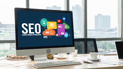SEO search engine optimization for modish e-commerce and online retail business showing on computer...