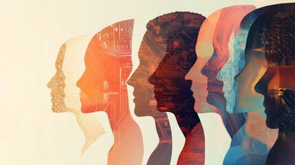 Digital silhouette profile portraits of diverse individuals with abstract patterns. Representation of technological diversity and inclusion.