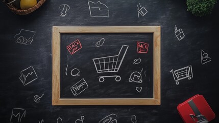 Artistic scribbles and symbols on blackboard, a unique take on Black Friday and Cyber Monday themes.