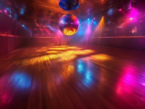 Empty Dance Floor with Disco Ball and Vibrant Colorful Lights, mockup dance floor night club 