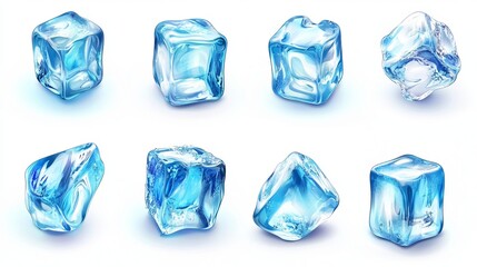Obraz premium Realistic 3D ice cubes in different angles designed to cool drinks and beverages The set includes transparent frozen blue pieces isolated on a white background