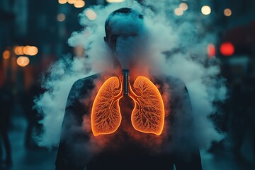 A person exhales smoke, highlighting the lungs with glowing red light vape,evali