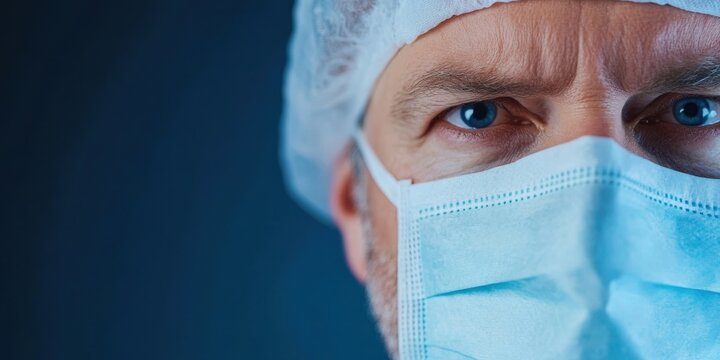 A person wearing a sanitary hair cap stands against a blue backdrop, signifying healthcare or food-related professions and taking hygienic precautions.