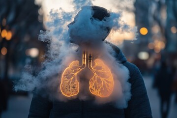 A person exhales smoke, highlighting the lungs with glowing red light vape,evali