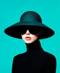 Minimalist fashion portrait of a woman wearing a wide-brimmed black hat and oversized sunglasses, set against a bold turquoise background.