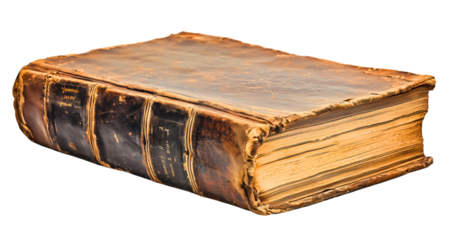 A very old book that has started to fall apart, with cracked covers and a hard binding, containing thousands of pages.