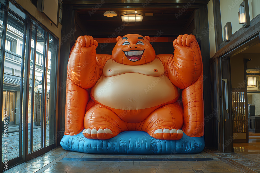 Canvas Prints a person in a giant, inflatable sumo wrestler suit, trying to fit through a small door. concept of e