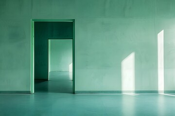 Serene Green Hallway with Open Doorways and Soft Light