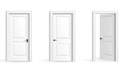 Obraz premium Realistic 3D vector set of a white wooden door for front entrances or interiors of houses apartments or offices Depicted in open closed and ajar positions isolated on a white