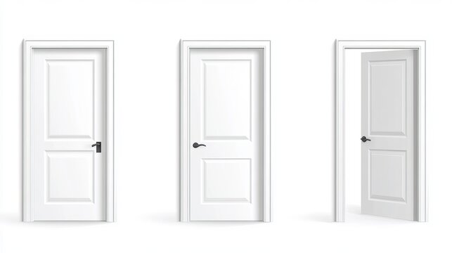 Realistic 3D vector set of a white wooden door for front entrances or interiors of houses apartments or offices Depicted in open closed and ajar positions isolated on a white