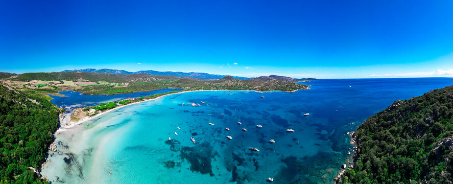 Panorama of turquoise bay and Santa Giulia beach in Corsica.