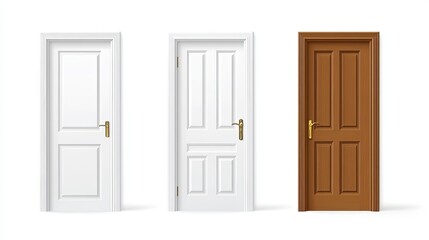 Obraz premium Realistic 3D vector set of open and closed white and brown home and office entry doors representing different apartment doors isolated on a white background