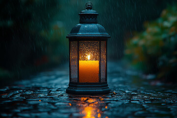 A lit candle in an old lantern on a cobblestone street during a rainy night. Concept of hope and warmth in darkness.