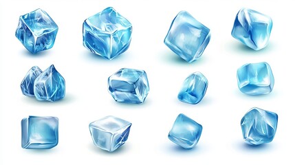 Fototapeta premium Realistic set of ice cubes in a 3D vector illustration featuring a blue ice collection isolated on a white background