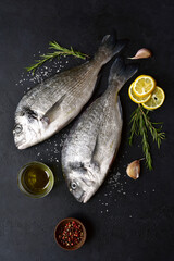 Raw organic dorado with ingredients for making . Top view with copy space.