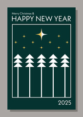 Merry Christmas and Happy New Year greeting card, event poster layout in modern abstract geometric style. Conceptual illustration of Christmas Eve, Holy Night. Bauhaus style