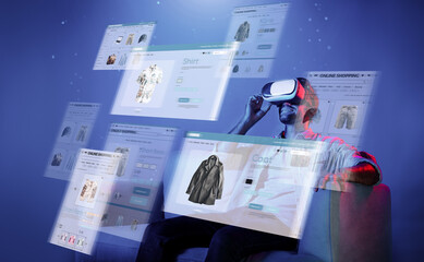 Caucasian man choosing and selecting product for shopping list while wearing visual reality goggles. Skilled person sitting at sofa with shopping bags while using VR glasses. Technology. Deviation.