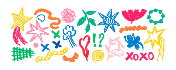 Set  of hand drawn colorful charcoal doodle shapes and squiggles in childish girly style. Pencil drawings isolated on white. Eyes, stars, geometric shapes, flower and cloud doodle collage elements.