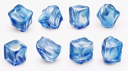 Fototapeta premium Set of realistic 3D ice cubes featuring transparent blue glass pieces for cooling drinks Isolated frozen water cubes ideal for cocktails and beverages presented on a transparent
