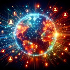 Obraz premium Abstract global network of remote workers with vibrant electric blue and neon green lines, highlighting dynamic collaboration and connectivity.