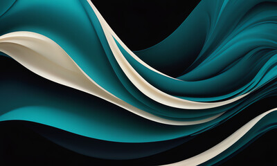 Abstract fluid wallpaper with smooth, undulating curves in shades of teal, black, and cream. Dynamic wavy patterns create a mesmerizing, contemporary design perfect for modern interiors.