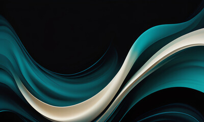 Abstract fluid wallpaper with smooth, undulating curves in shades of teal, black, and cream. Dynamic wavy patterns create a mesmerizing, contemporary design perfect for modern interiors.