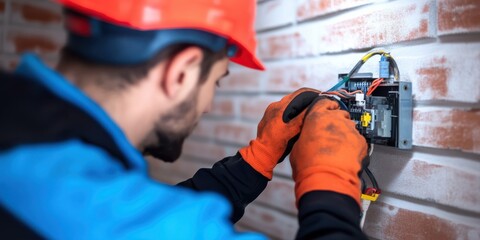An image showing an electrician in safety gear working on a circuit board attached to a brick wall, highlighting the importance of electrical safety and skilled labor.