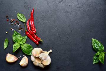 Traditional spicies of mediterranean cuisine : garlic, pepper , basil and sea salt.