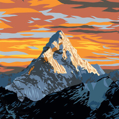 mount Everest as seen from Kala Patthar evening sunset view, vector illustration logo, Mt Everest 8,848 m, Nepal Himalaya mountain