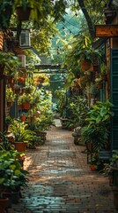 Walkway with lots of plants and potted plants, urban garden, vertical background