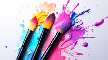 Vibrant Paintbrushes with Colorful Paints in Artistic Splashes