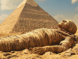 A mummy slowly unraveling in front of a pyramid
