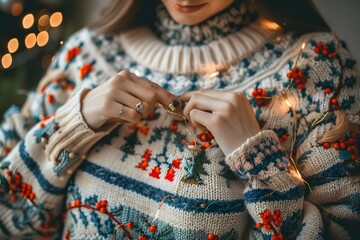 Fototapeta premium Cozy Holiday Vibes: A Close-Up of a Festive Sweater with Decorative Details
