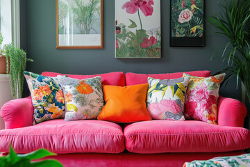 vibrant pink sofa with colorful floral and tropical cushions in a stylishly decorated living room