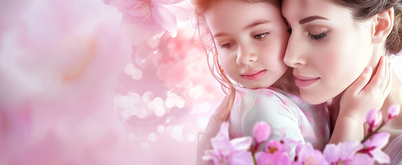 Fototapeta premium Happy mother's day, mum and daughter snuggling and kissing, holding bouquet of pink flowers 