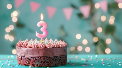 Single pink candle number 3 on chocolate cake surrounded by garland against a green background