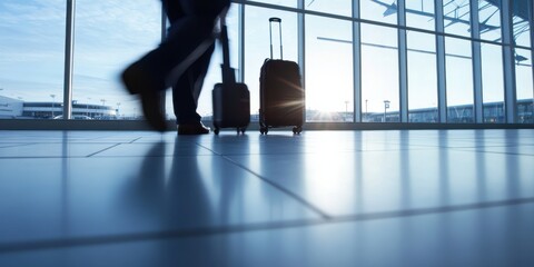 Fototapeta premium A traveler walks through an airport terminal pulling a suitcase, the interior bathed in natural light through large windows, presenting a theme of travel and modernity.