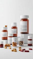 Various bottles of vitamins and supplements are arranged against a simple white backdrop