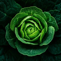 Fototapeta premium A cinematicstyle photograph of a green vegetable with intricate folds surrounded by vegetables in shades of mint forest green and teal The vegetables are densely packed in a compact arrangement with m