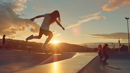 young girl performs an impressive skateboard jump