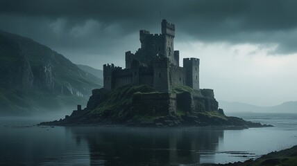 A dramatic coastal castle shrouded in mist under a stormy sky during twilight at the edge of a tranquil lake