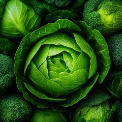 Fototapeta premium A cinematicstyle photograph of a green vegetable with intricate folds surrounded by vegetables in shades of mint forest green and teal The vegetables are densely packed in a compact arrangement with m