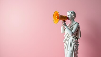 Modern Greek statue with futuristic loudspeaker in reflective pose
