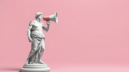 Modern Greek statue with futuristic loudspeaker in reflective pose