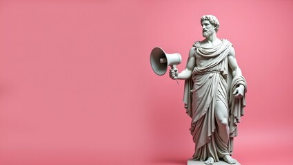 Greek statue holding a loudspeaker on pink background   fusion of ancient and modern communication