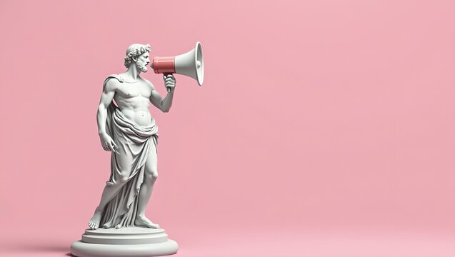 Modern Greek statue with futuristic loudspeaker in reflective pose