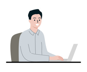 Happy businessman working with laptop. Business, schedule, productivity, management concepts. Flat character vector design illustration. 