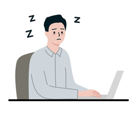 Sleepy businessman working overtime at night. Mental health, burnout, tight schedule, productivity concept. Flat character vector design illustration. 