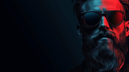 Bearded man with sunglasses in dramatic red and blue lighting, offering space for text on the dark background, ideal for barbershop or grooming advertisements