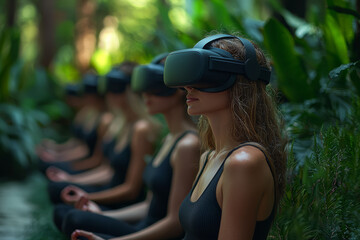 A group of users engaging in a virtual reality meditation session, relaxing and exploring serene digital landscapes for mindfulness. Concept of VR wellness.